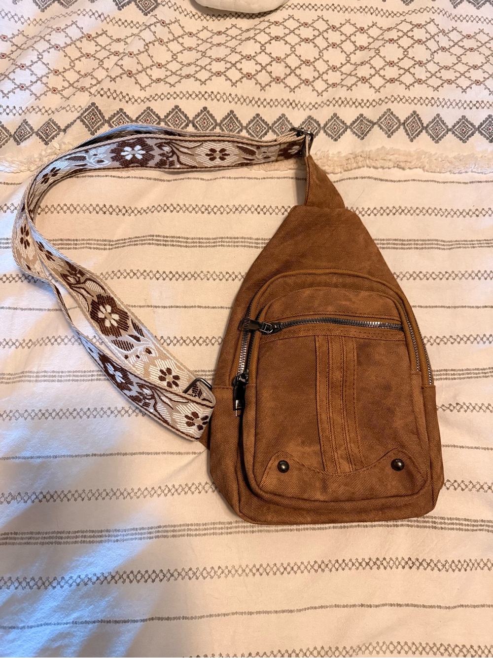 Casual Brown Canvas Sling Bag with Patterned Strap